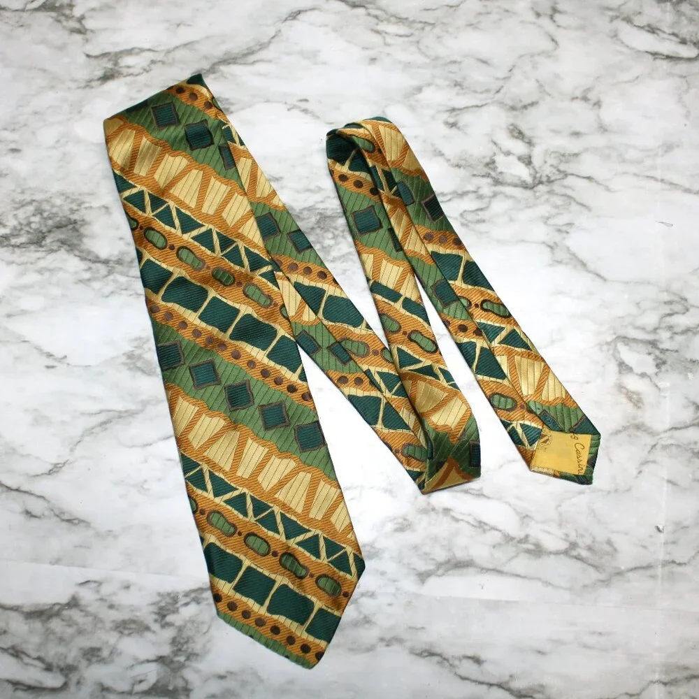 VINTAGE OLEG CASSINI Necktie Abstract Green Yellow Stripe Neck Tie Accessory